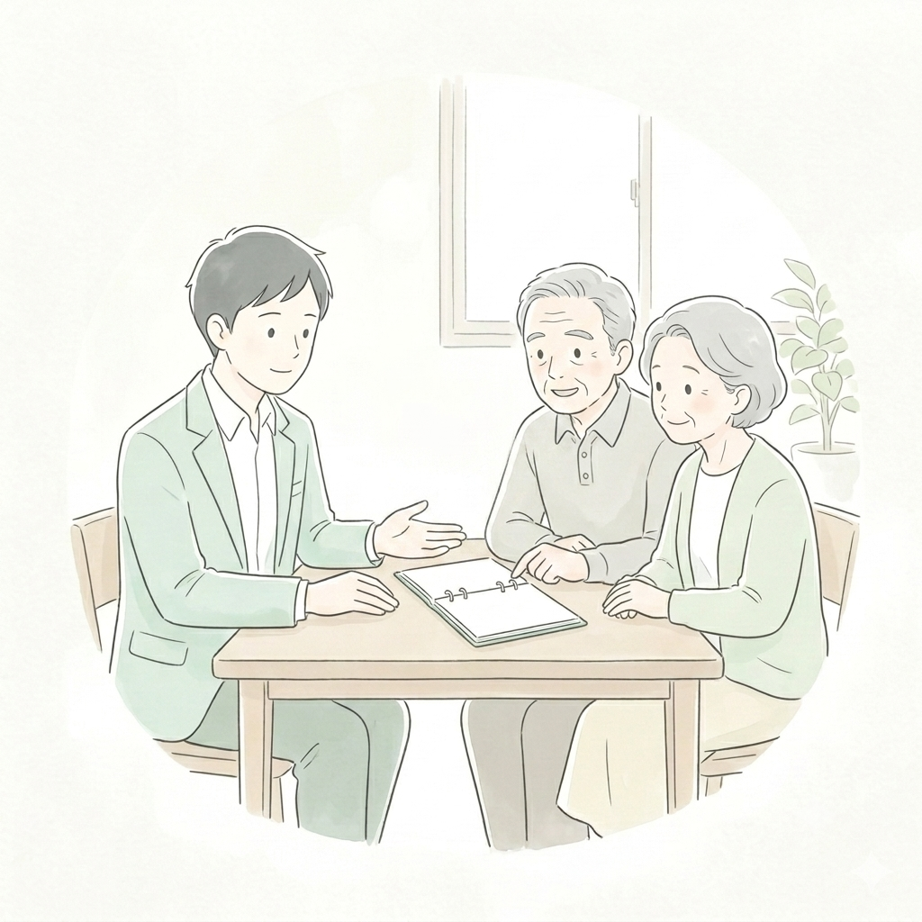 入居アドバイザーが高齢のご夫婦へ施設探しを説明する様子